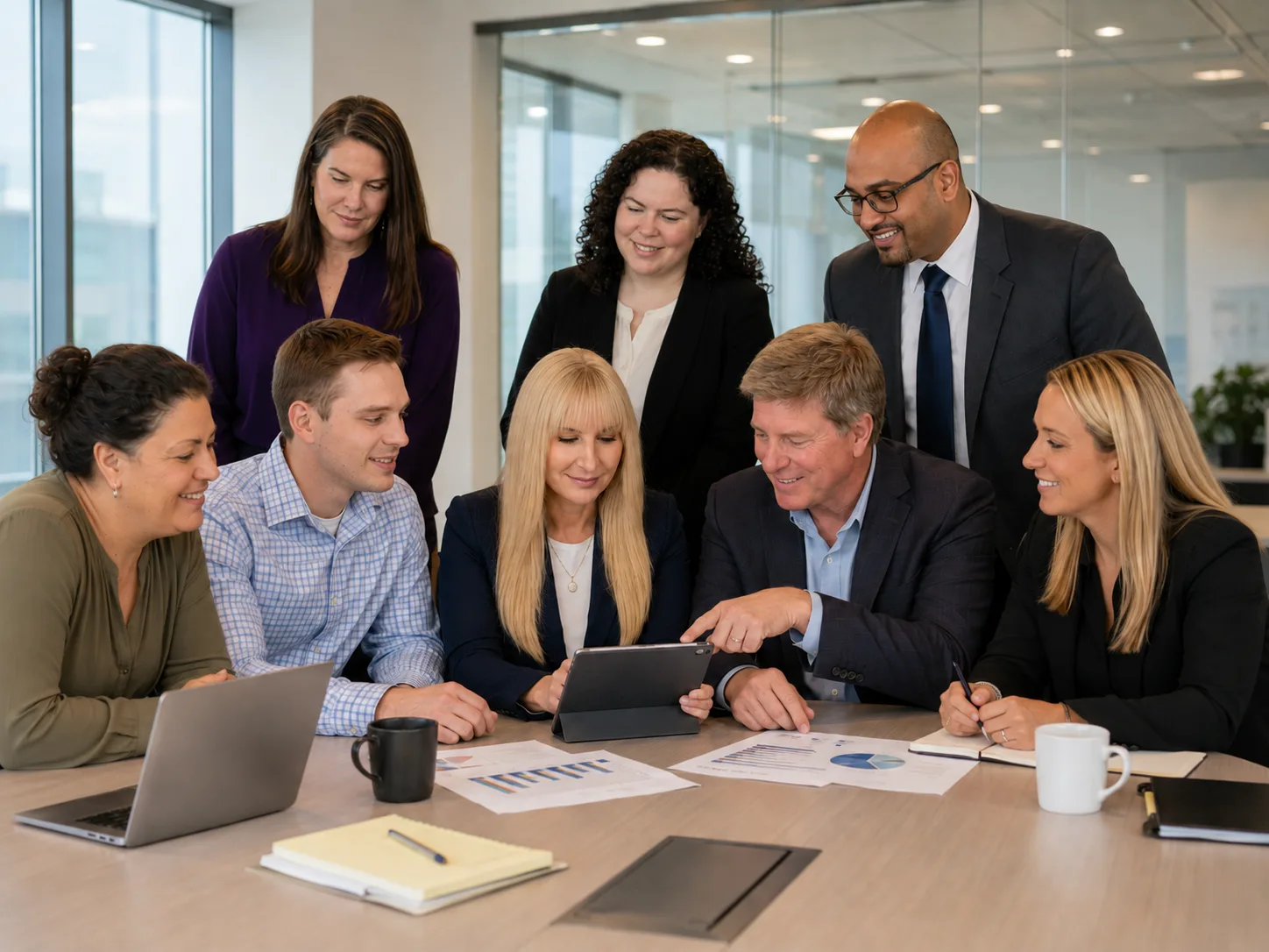 The TKT Enterprises team gathered around a table, reviewing Medicare plan options together